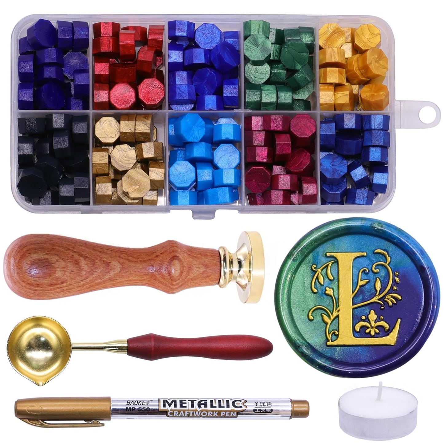 SWANGSA Initial Alphabet L Wax Seal Stamp Kit, Classic Retro Letter Sealing Stamp with 200pcs Sealing Wax Beads Kit for Wedding Invitations Cards Envelopes (L)