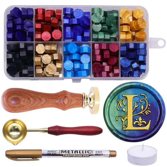 SWANGSA Initial Alphabet L Wax Seal Stamp Kit, Classic Retro Letter Sealing Stamp with 200pcs Sealing Wax Beads Kit for Wedding Invitations Cards Envelopes (L)