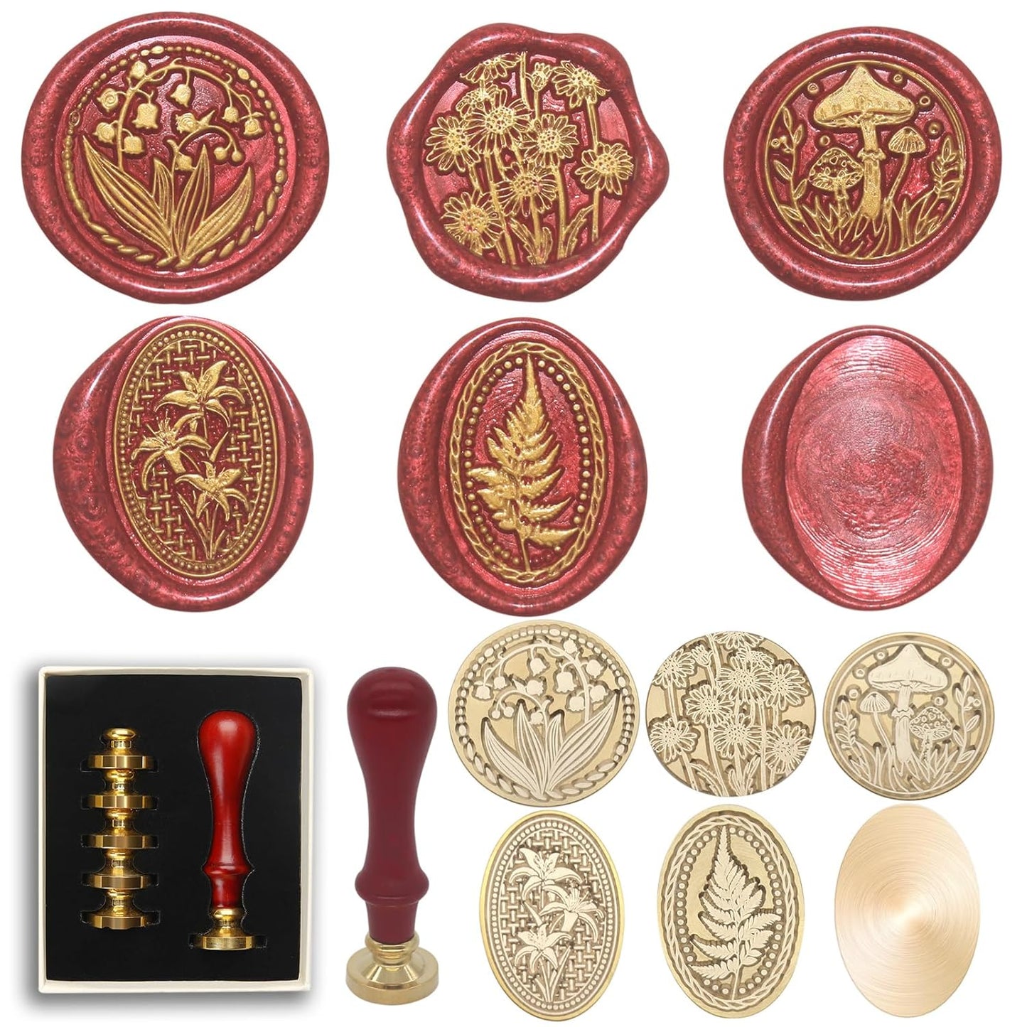Wax Seal Stamp Kit, 6 Pcs Wax Seal Stamp Head 1 Wooden Hilt Letter Wax Seal Kit, Sealing Wax Stamp Seal Set Include Lily/Daisy/Mushroom/Oval Blank Envelope Sealing Wax Stamps for Wedding Invitation