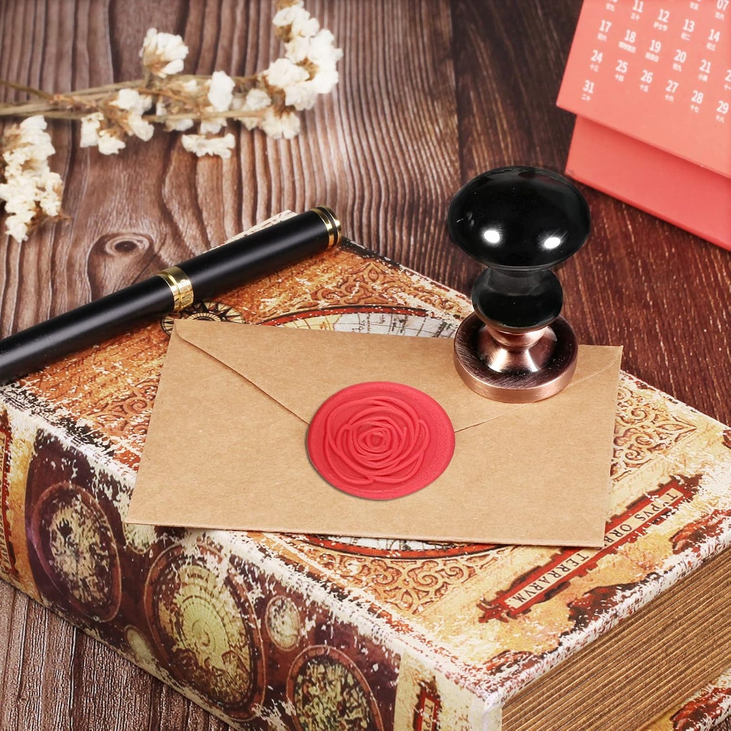 rockcloud Wax Seal Stamp Set, 4 Pieces Sealing Wax Stamps Copper Seals with 1 Black Obsidian Seal Handle for Cards Envelopes Invitation Decoration, Love Expressiont with Rose