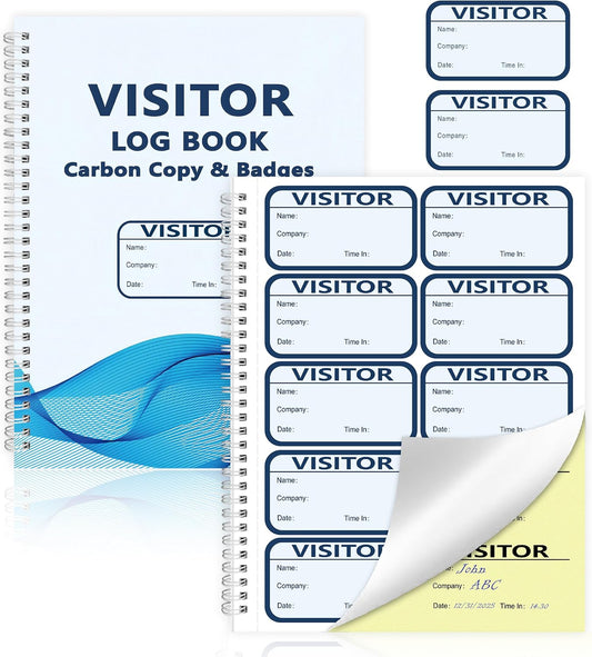 1 Pack of 150 Visitor Badges Registry Log with Carbon Copy Visitor Stickers Letter Size Visitor Log Book Extras Protecting Privacy Pages Spiral-Bound Self Visitor Badges Guest Register Book(1)