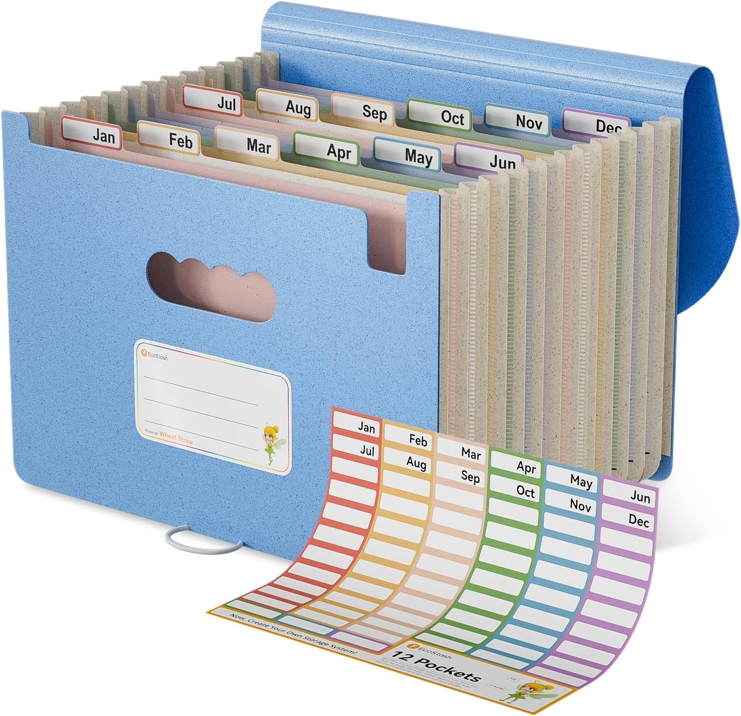 Accordion File Organizer, 12 Pockets Wheat Straw Expanding File Folder, Portable Monthly Paper Bill Tax Receipt Organizer, Letter A4 Size Document Holder，Green Office with Colorful Tab，UN Blue