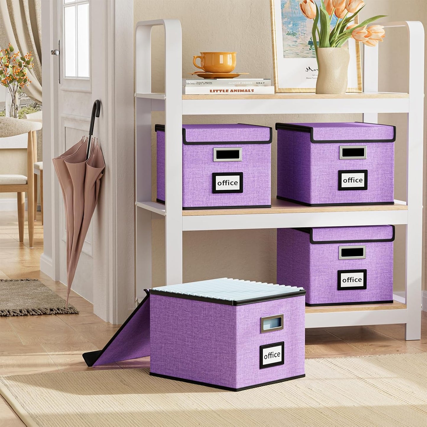 Huolewa Decorative File Organizer Storage Box with Lid, Linen Hanging Filing & Storage Box with Plastic Slide for Office/Decor/Hom, Universal Hanging Filing Organization Box for Letter/Legal Folder