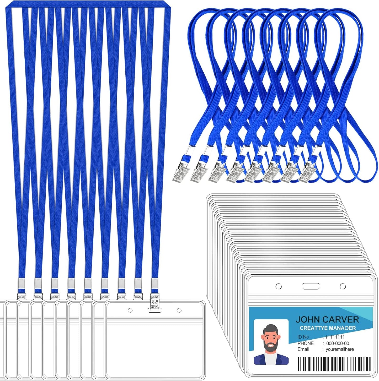100 Pcs Clear Horizontal Badge Id Card and 100 Pcs Lanyard, Reusable Lanyards for Id Badge Holder Name Tag Badge Holder with Lanyards for Adults Kids Business School Conferences (Blue)