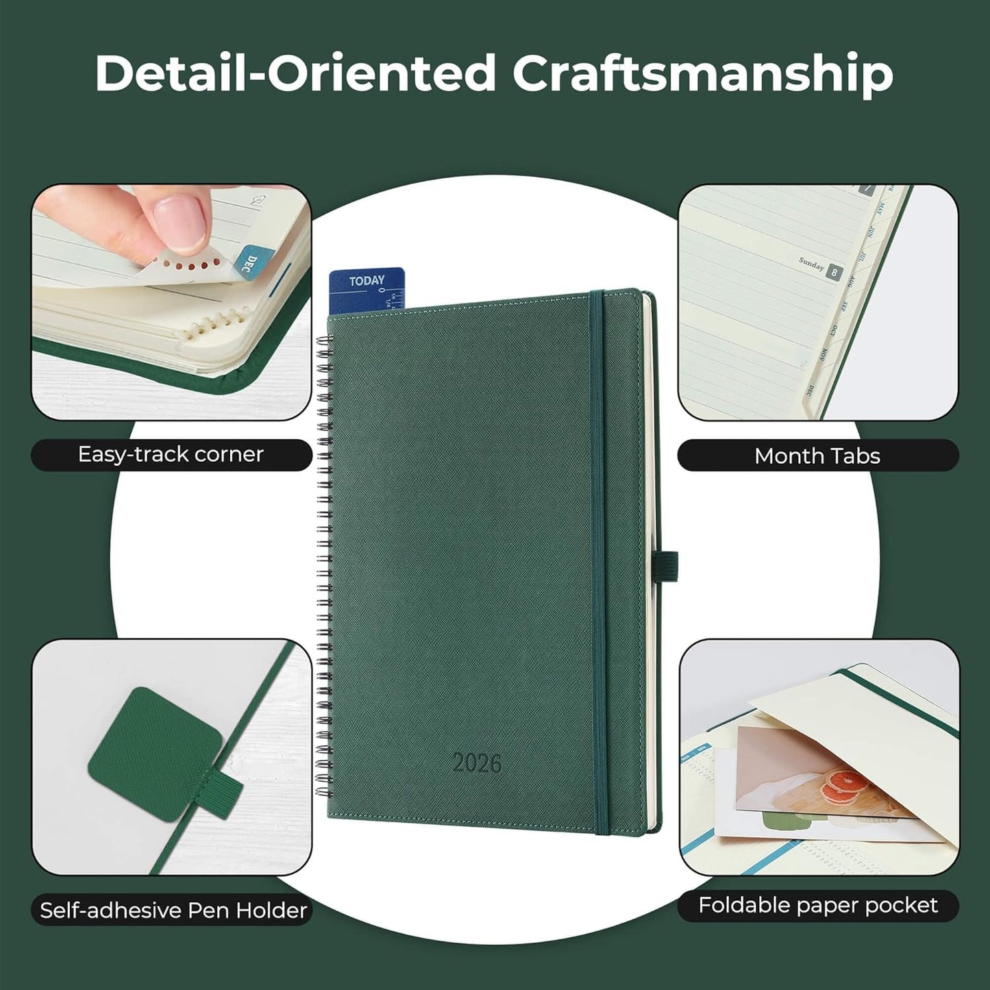 Planner 2026 Daily Weekly and Monthly,11.5"x8.5",12 Months Spiral Bound Calendar Agenda with Self-adhesive Pen Holder,2026 Appointment Book with Vegan Leather Soft Cover,Green