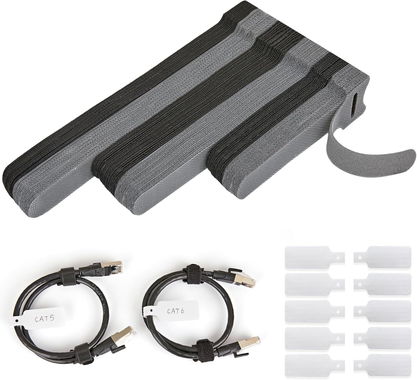 70 PCS Reusable Cable Ties with Hook and Loop, Multi-purpose Adjustable Cable Management Wire Ties & 10 PCS Cable Labels, Cord Organizer for Home, Office and Data Centers (4/6/8 Inch, Black+Grey)