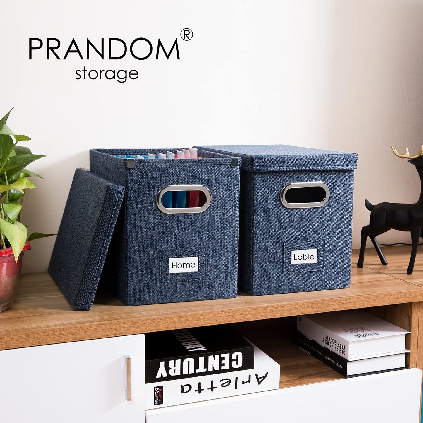 PRANDOM File Organizer Box - Set of 4 Collapsible Decorative Linen Filing Storage Hanging File Folders with Lids Office Cabinet Letter Size Navy Blue (14x9.3x10.8 inch)