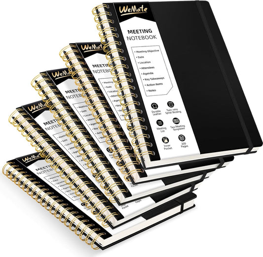 WEMATE 5 Pack Meeting Notebooks for Work（7"x10"） 200 Pages, PU Leather Notebook with Action Items & Note, For Staff & Students, Meeting, Projects Planning - All Black Set