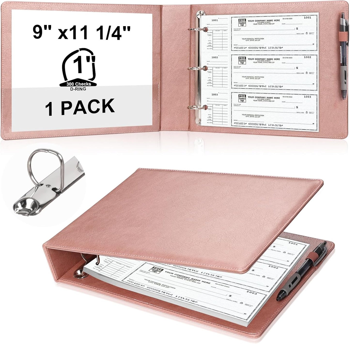 9" x11 1/4" PU Leather 3 Rings Personal Checks Binder for End-Stub Deskbook 3-Ring Binders for Desk Check fit 3 & 9 Holes Checkbook Binder Cover for Business Finances (Not Fit 7 Holes,Rose Gold)