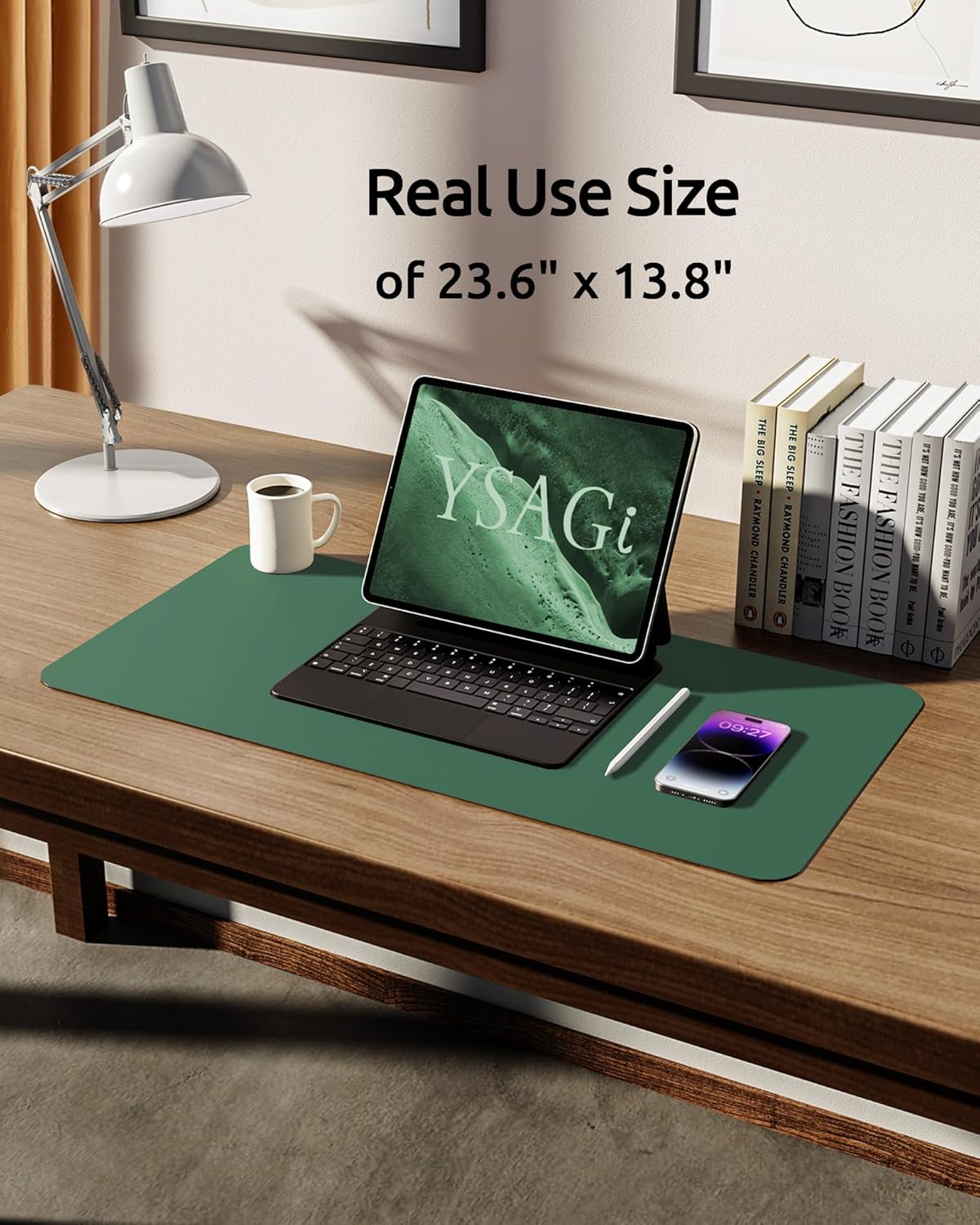 YSAGi Leather Desk Pad Protector, Office Desk Mat, Large Mouse Pad, Non-Slip PU Leather Desk Blotter, Laptop Desk Pad, Waterproof Desk Writing Pad for Office and Home (Jade Green, 23.6" x 13.8")