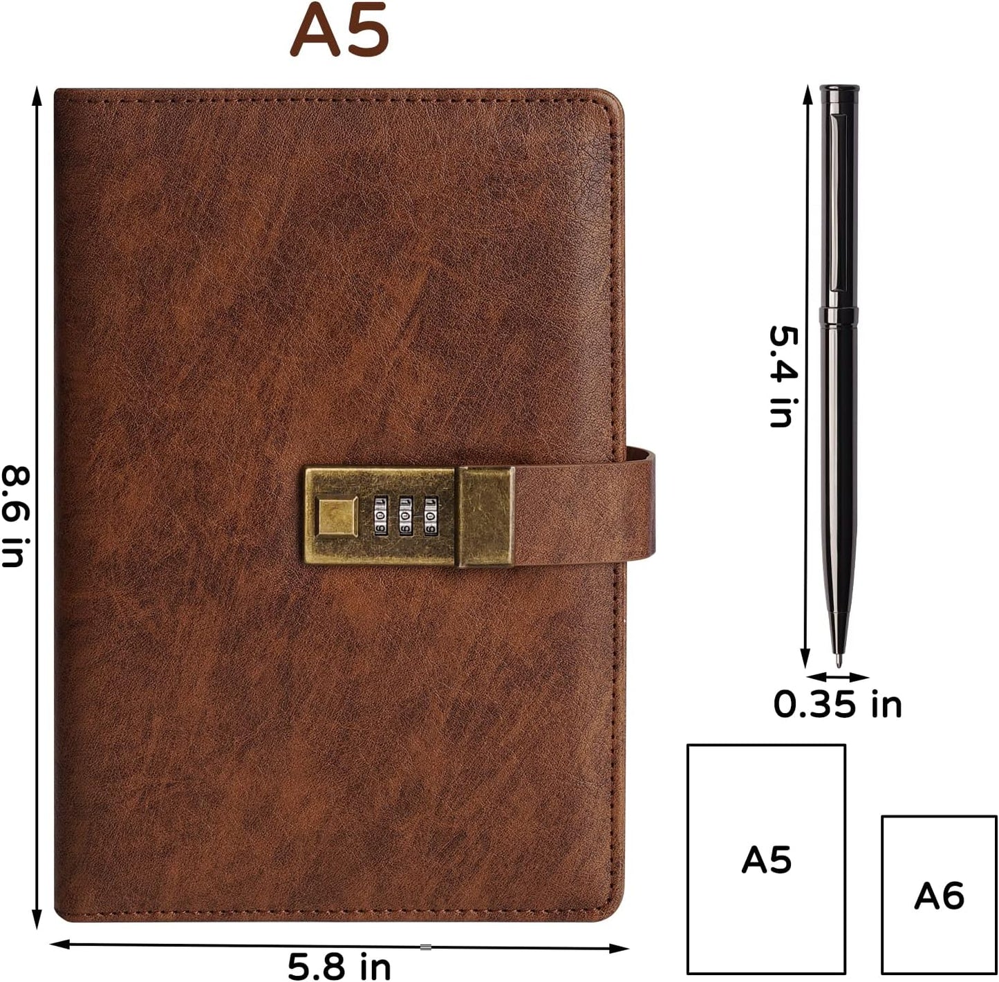 WEMATE Diary with Lock, A5 PU Leather Journal with Lock 240 Pages, Vintage Locks Journal Password Notebook with Pen, Locks Diary Planner Organizer for Men and Women, 8.6x5.8in Brown