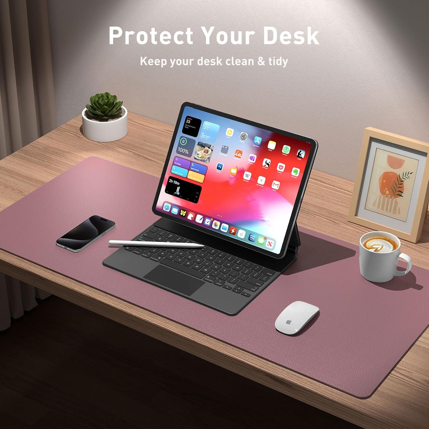 Aothia Leather Desk Pad Protector, Mouse Pad, Office Desk Mat, Non-Slip PU Leather Desk Blotter, Laptop Desk Pad, Waterproof Desk Writing Pad for Office and Home (Dark Pink, 23.6" x 13.7")