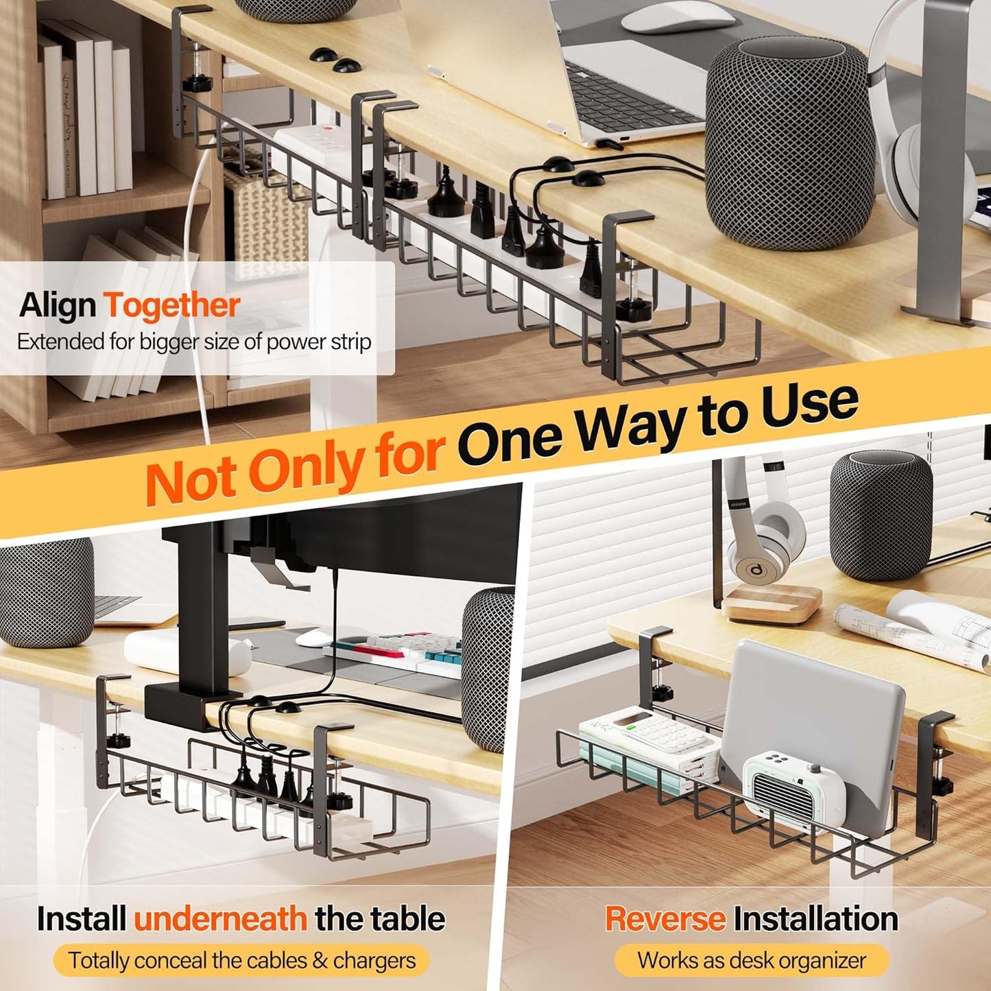 2 Pack Cable Management Under Desk Tray, 31.4" No Drill Under Desk Wire Management with Upgraded Clamp, Metal Cord Organizers for Desk with Cable Organizers, PC Cable Management Rack, Black