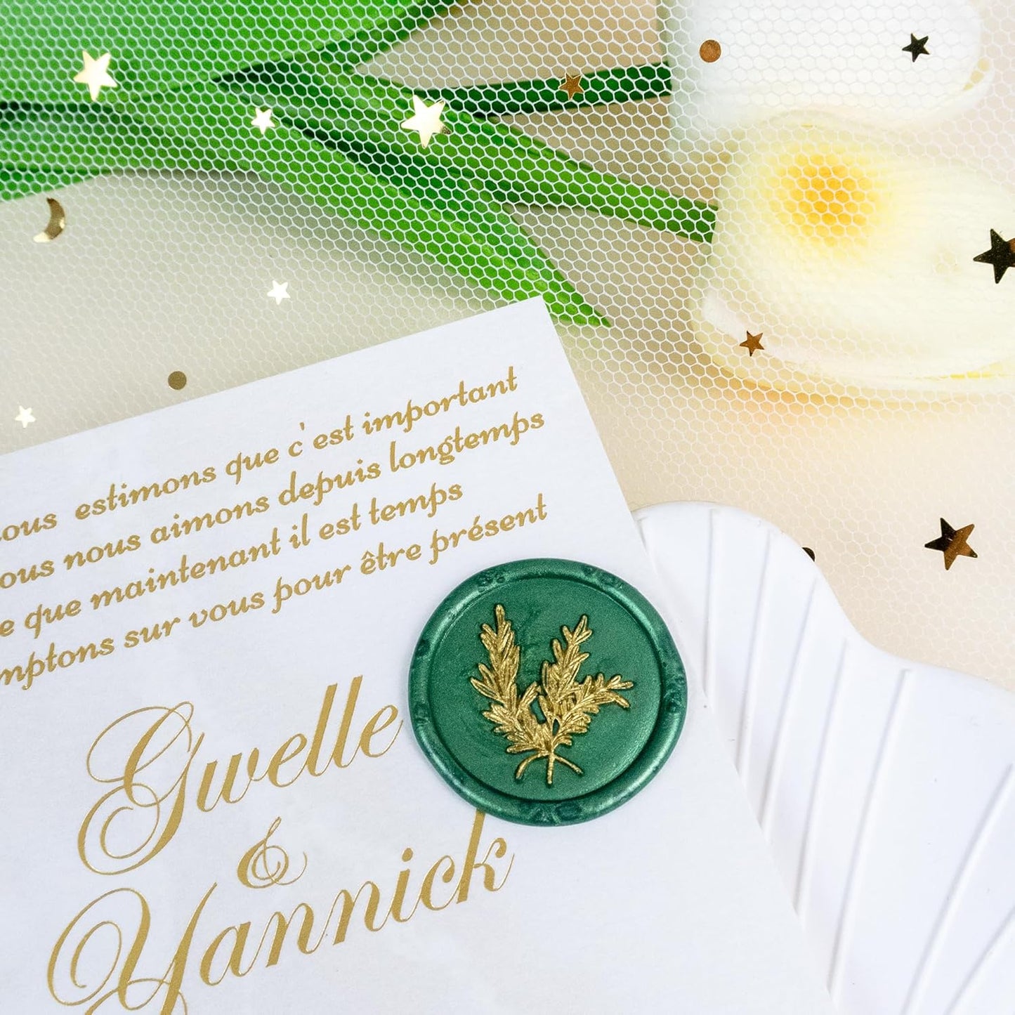 50Pcs Gold & Green Wax Seal Stickers - Handmade Envelope Seals, Self-Adhesive Wax Stickers for Wedding Party Invitations, Envelope, Gift Wrap, Christmas (Gold Rosemary Style, Green)