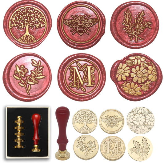 Wax Seal Stamp Set - 6 Pcs Botanical Copper Seals, 1 Wooden Hilt, Kit Including Eucalyptus, Bee, Daisy, Rosemary, Tree Life, Letter M Patterns