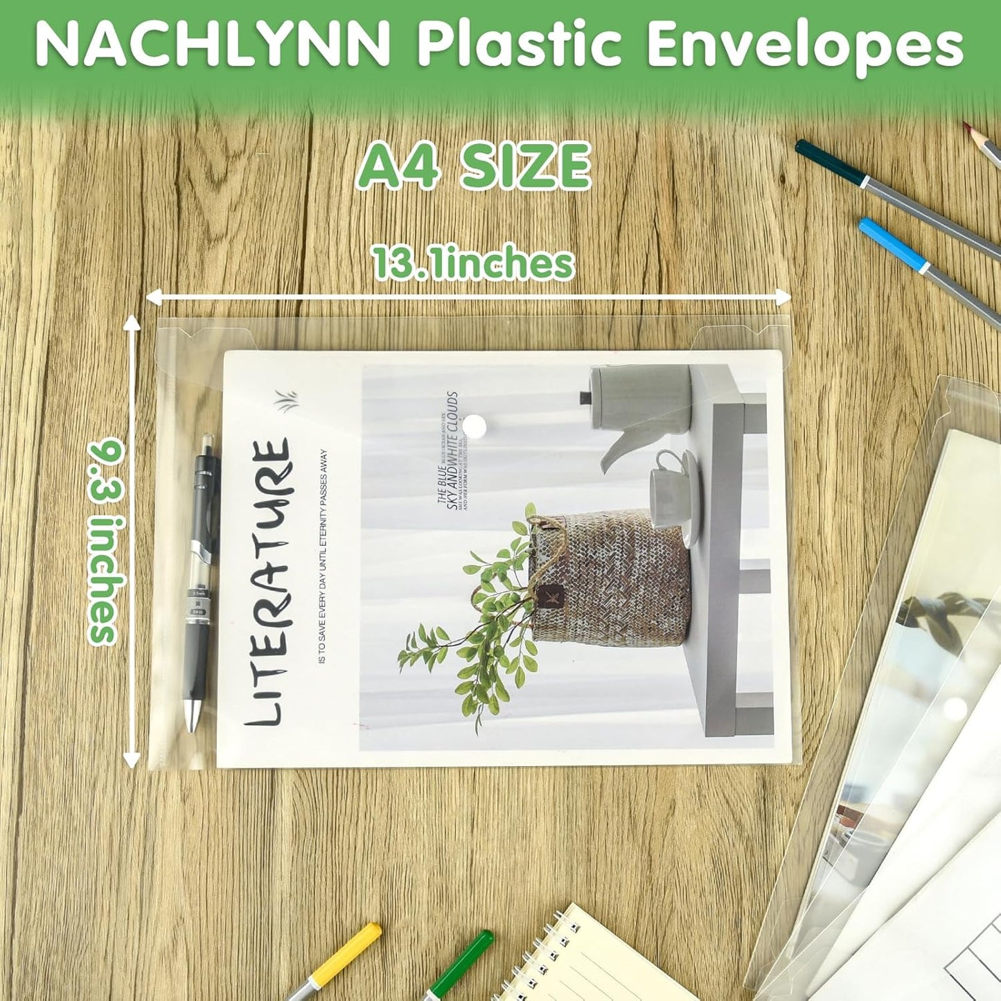 NACHLYNN 48pcs Plastic Envelopes Poly Envelopes with Snap Closure A4 Size Clear Document File Folders Organizers Clear Envelope for School Office Supplies