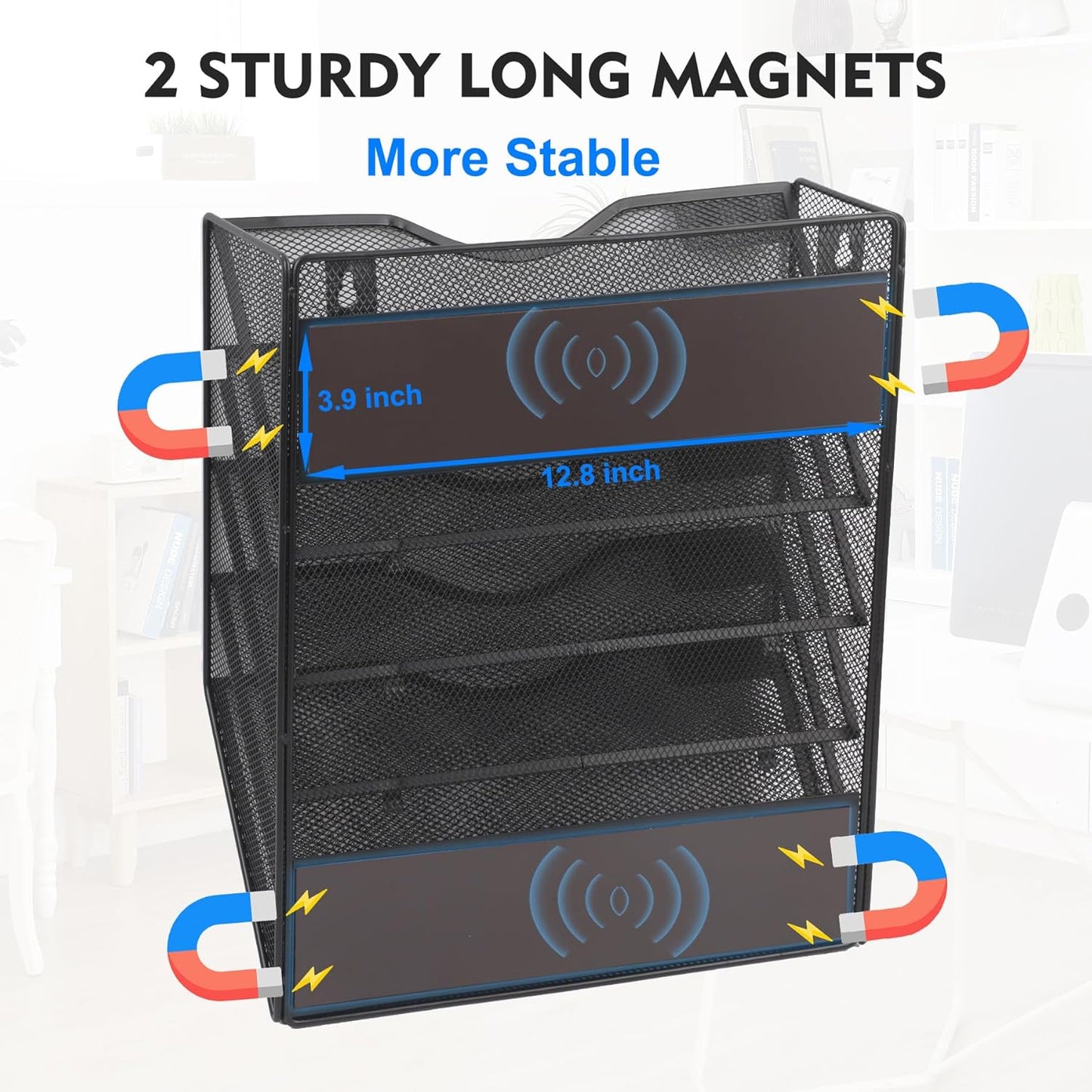 EASEPRES Magnetic 5 Pocket Mesh Hanging File Organizer, Wall Mounted Mail Paper Document Folder Holder, Clipboard Storage Organization Magazine Rack with Nametag Label for Office Home School, Black