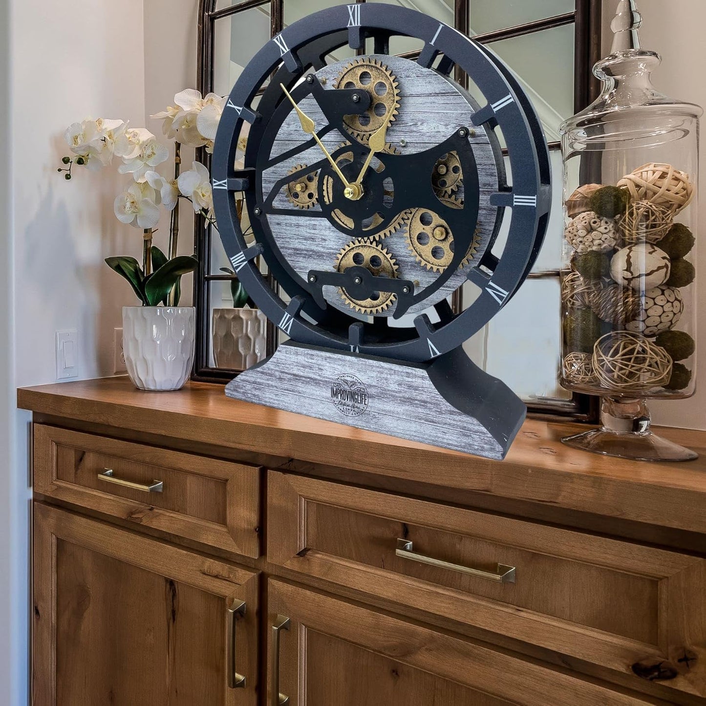 The Gears Clock 16 inches Wall Clock with Real Moving Gears Convertible into a Big Mantel Clock (Silver Grey)