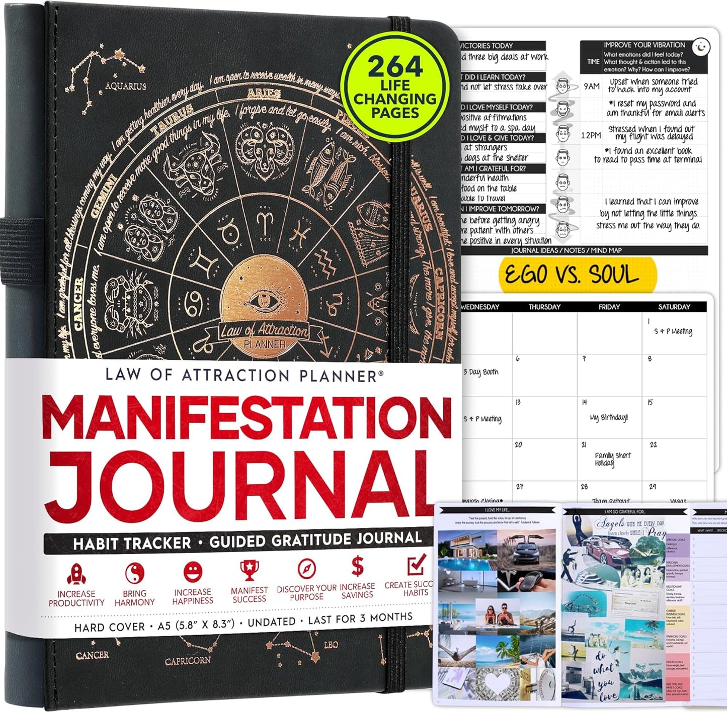 Manifestation Journal - 5 Minute Manifesting & Self Care Journal | 90-Day Undated Daily Planner for Positivity, Affirmations & Gratitude | Guided Mindfulness, Reflection | Vision Board + Stickers