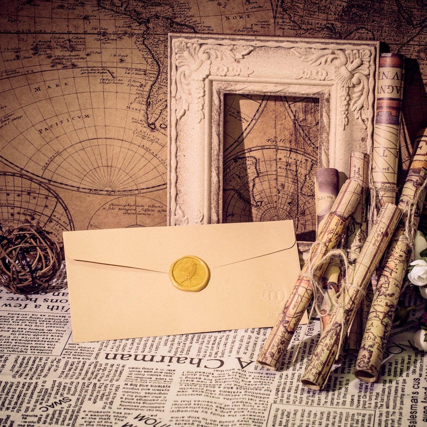 Mceal Wax Seal Stamp,Silver Brass Head with Rosewood Handle, 1.2"(30mm) Dia (Wheat)