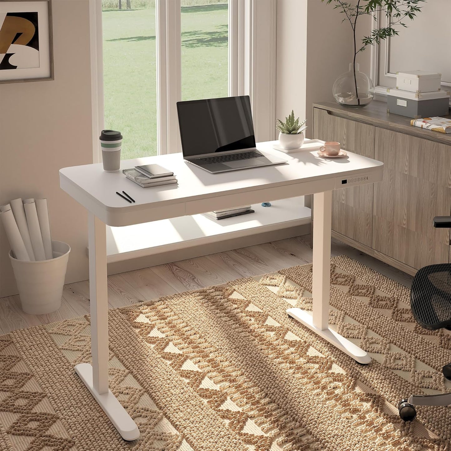 FLEXISPOT Comhar Electric Standing Desk with Drawers Charging USB A to C Port, Height Adjustable 48" Whole-Piece Home Office Computer Laptop Table with Storage (White Top + Frame)
