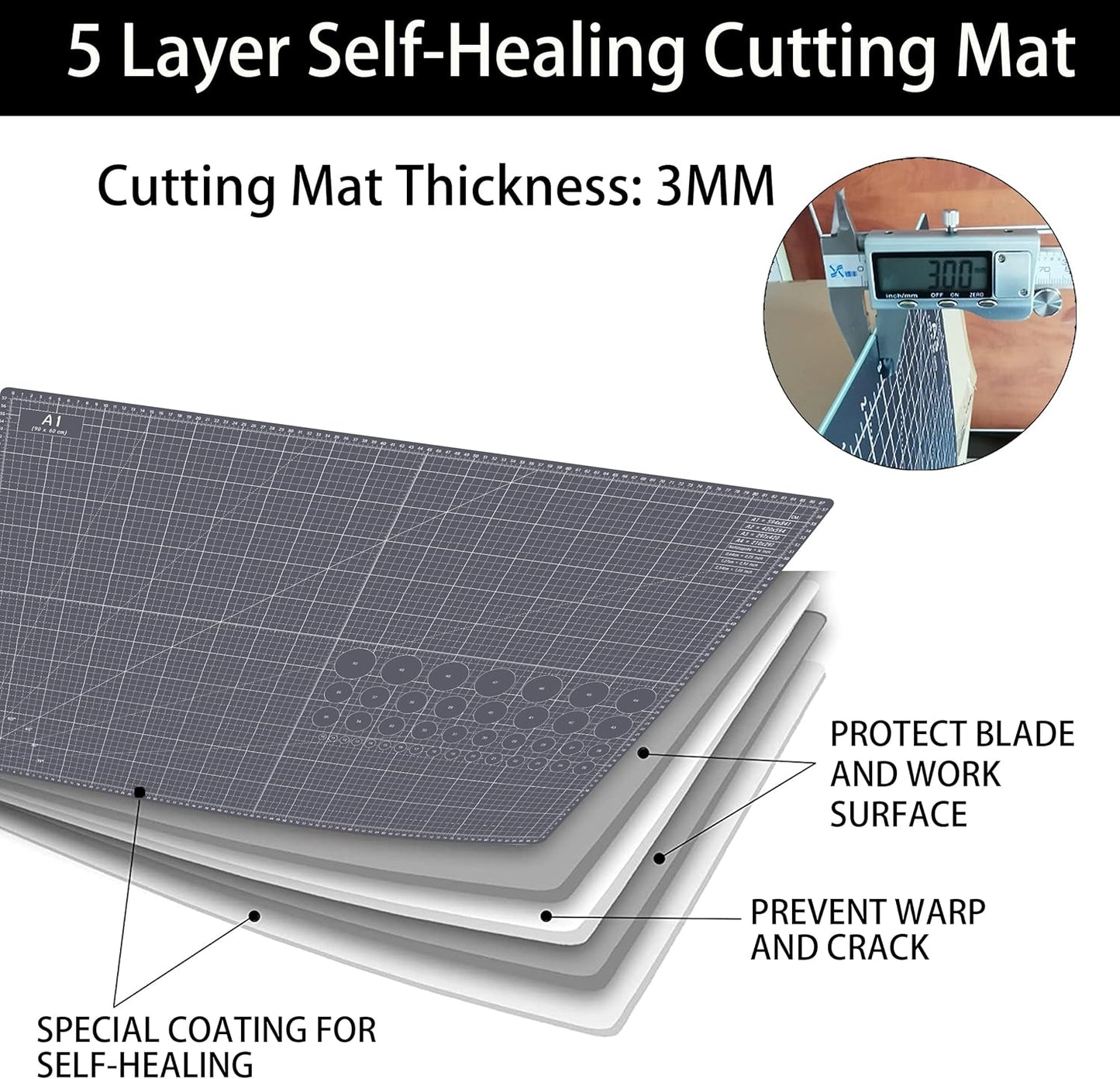 Headley Tools Thickened 24 x 36 Inch Self Healing Cutting Mat, Durable A1 Double Sided 5-Layer Craft Cutting Board for Fabric, Quilting, Sewing, Hobby, Scrapbooking, Arts and Crafts Project, Dark Gray