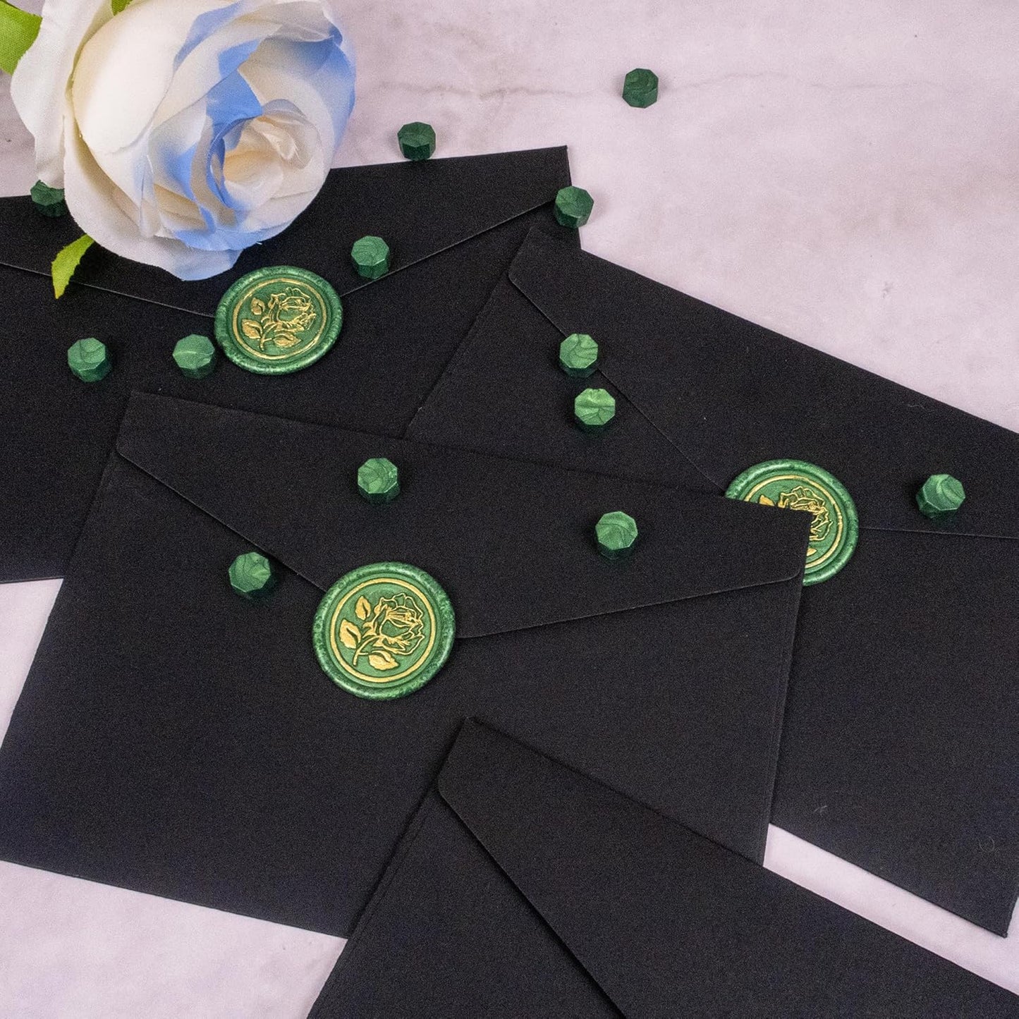 50Pcs Gold & Green Wax Seal Stickers - Handmade Envelope Seals, Self-Adhesive Wax Stickers for Wedding Party Invitations, Envelope, Gift Wrap, Christmas (Gold Rose Style, Green)