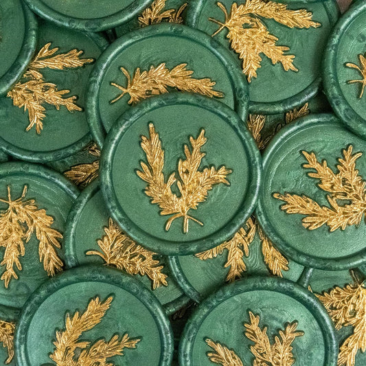 100Pcs Gold & Green Wax Seal Stickers - Handmade Envelope Seals, Self Adhesive Wax Stickers for Wedding Party Invitations, Envelope, Gift Wrap, Christmas (Gold Rosemary Style, Green)