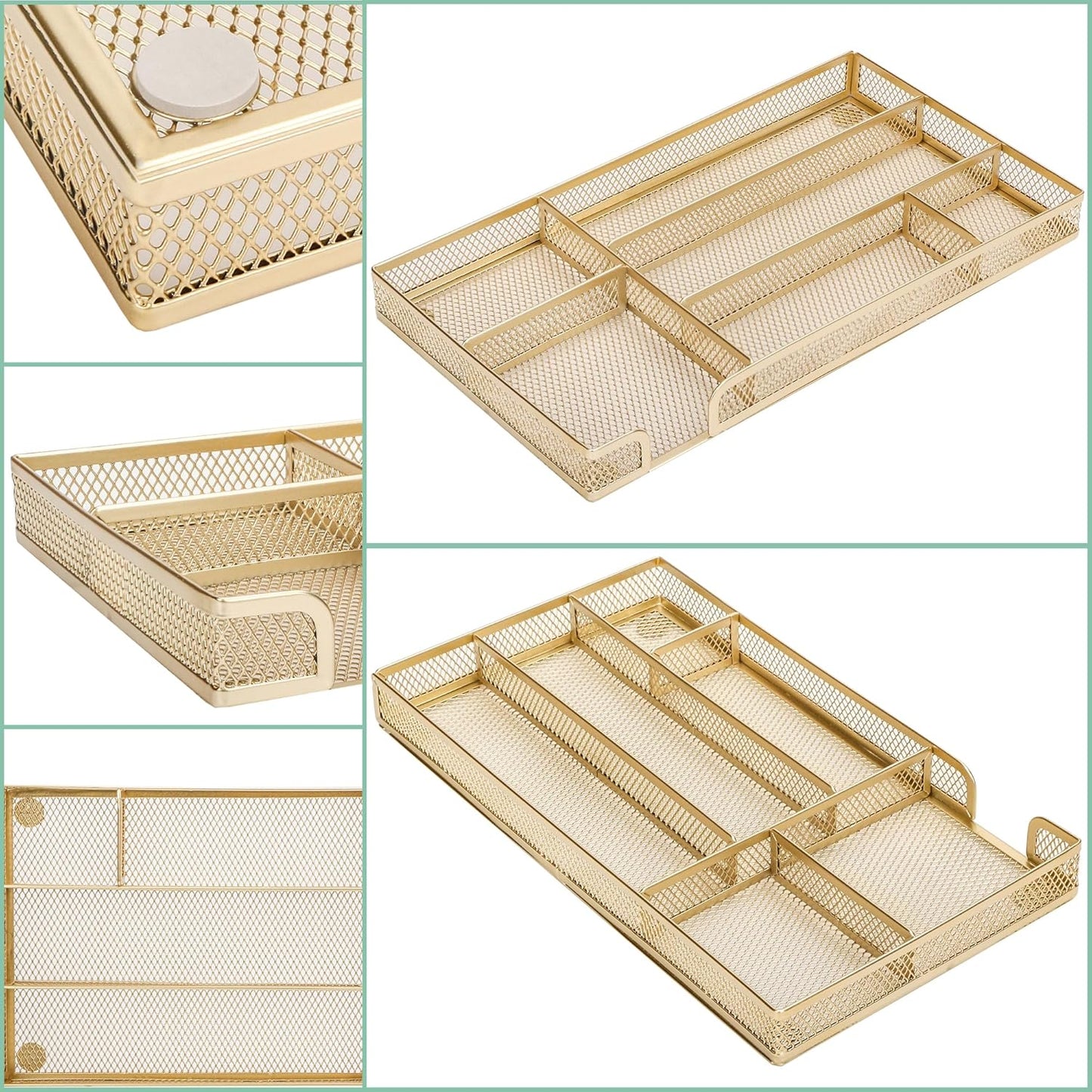 Annova Desk Drawer Organizer Tray for Office Organization - Metal Mesh - Storage Tray with Dividers for Pens, Desktop Accessories, Bathroom, Kitchen, Makeup and Office Supplies (Small, Gold)