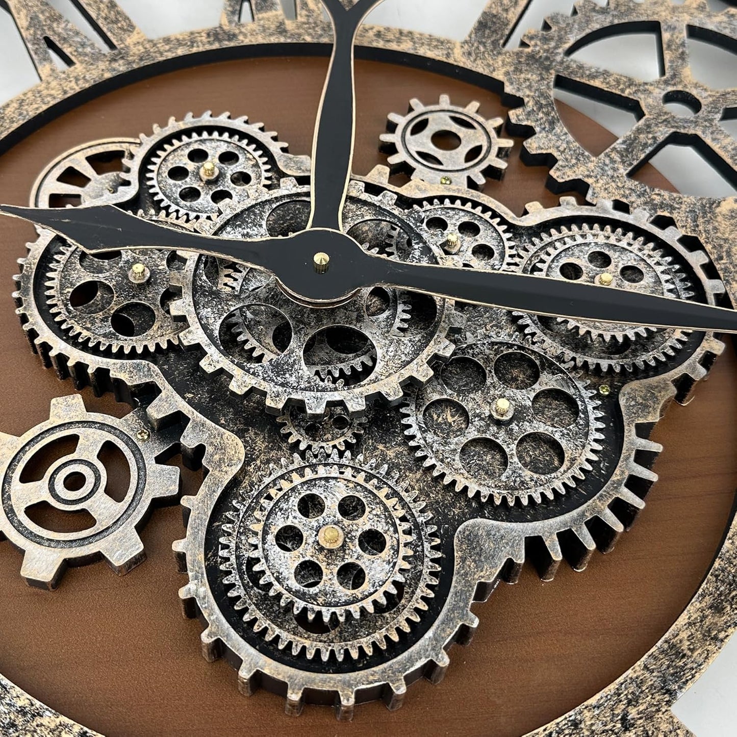 The B-Style Large Real Moving Gears Wall Clock 30 inch Rustic Retro Industrial Farmhouse Wood Clock Oversized Decorative Vintage Wall Clocks for Living Room (Drak Brown and Bronze)