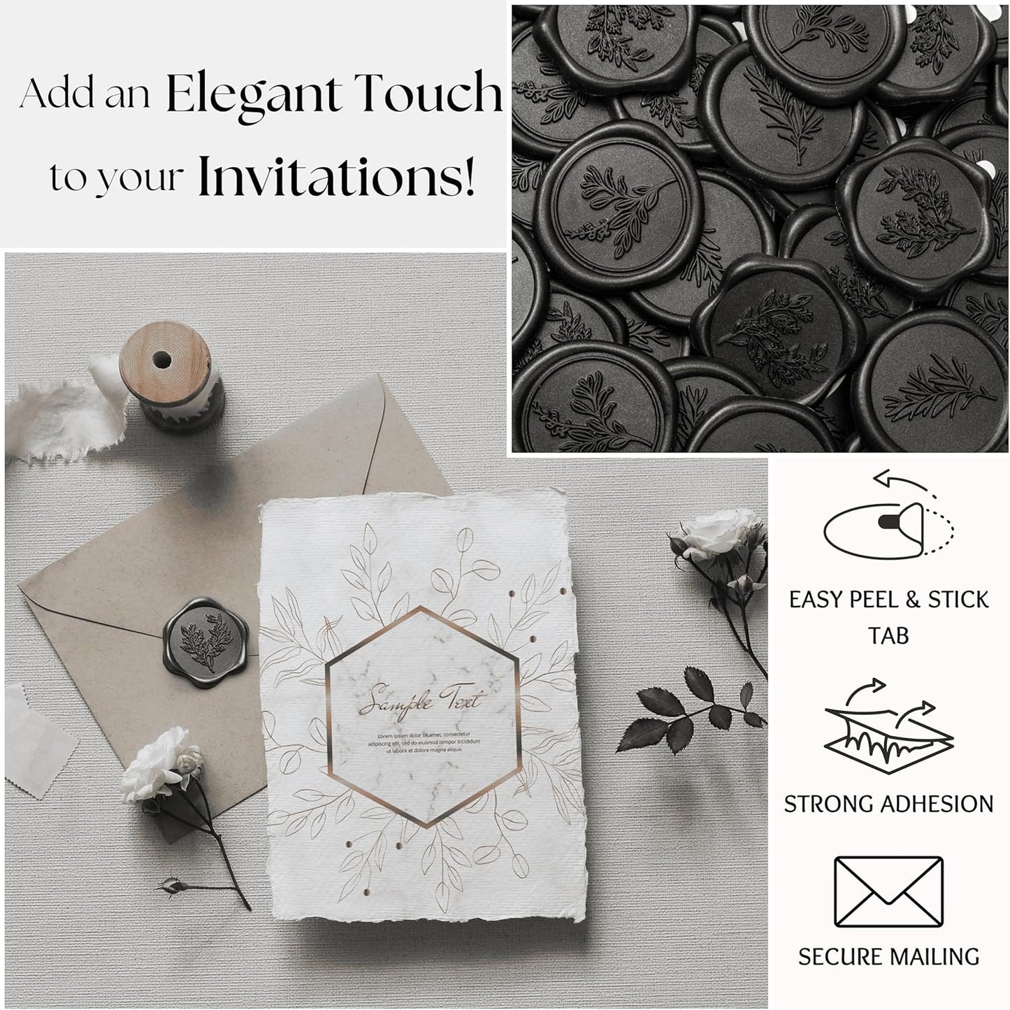 Black Wax Seal Stickers (60 Pcs, 3 Designs in 1 Pack) Premium Envelope Seal Stickers for Wedding Invitation Envelopes, Adhesive Wax Seals, Perfect for Seating Chart, Gift Wrapping