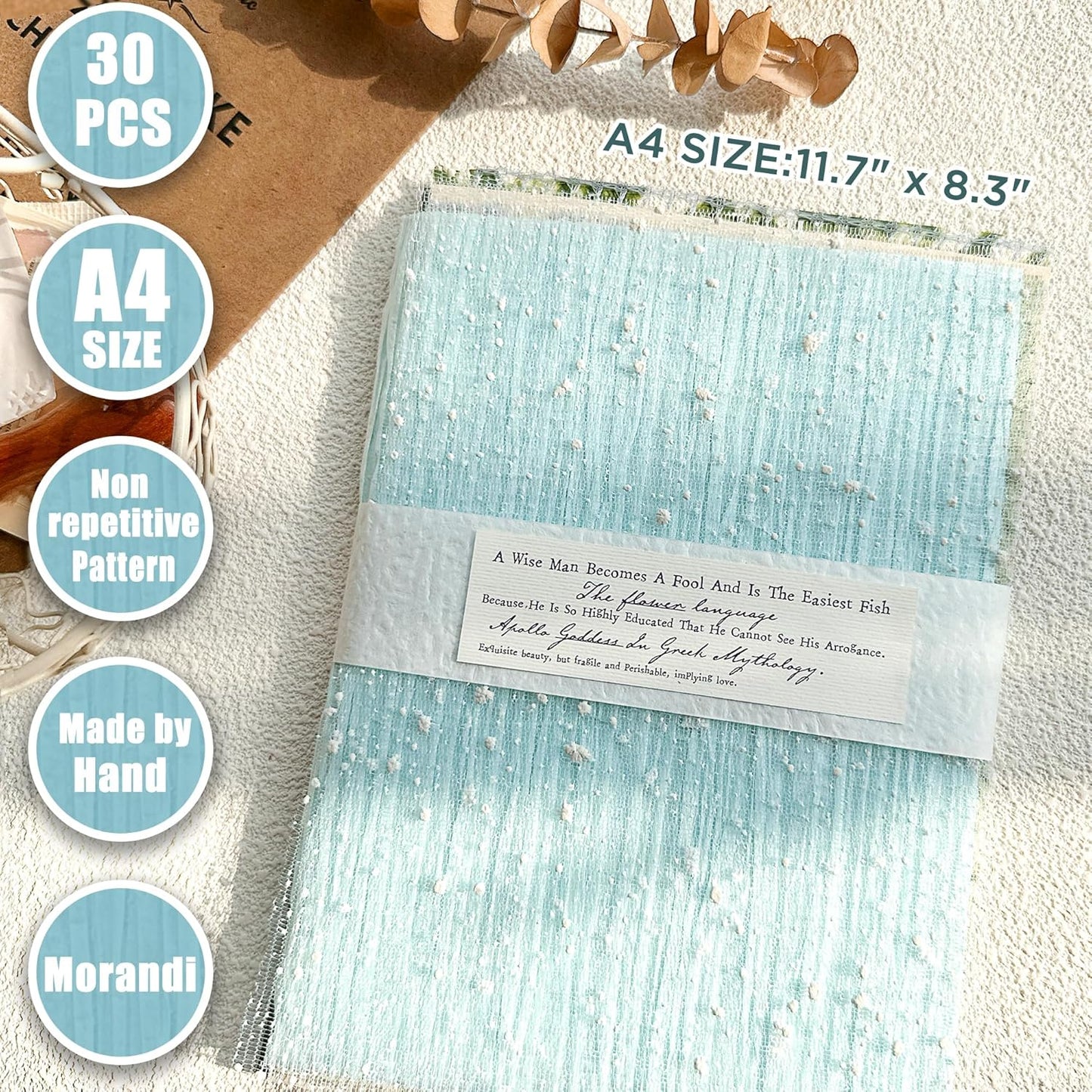 Aromoty 30 sheets A4 size Textured Scrapbook Paper&Mesh Fabric set - Large Handmade Craft Mulberry Special Paper Mix for Scrapbooking Junk Journal Supplies Card Materials Collage, 11.7x8.3 Inches