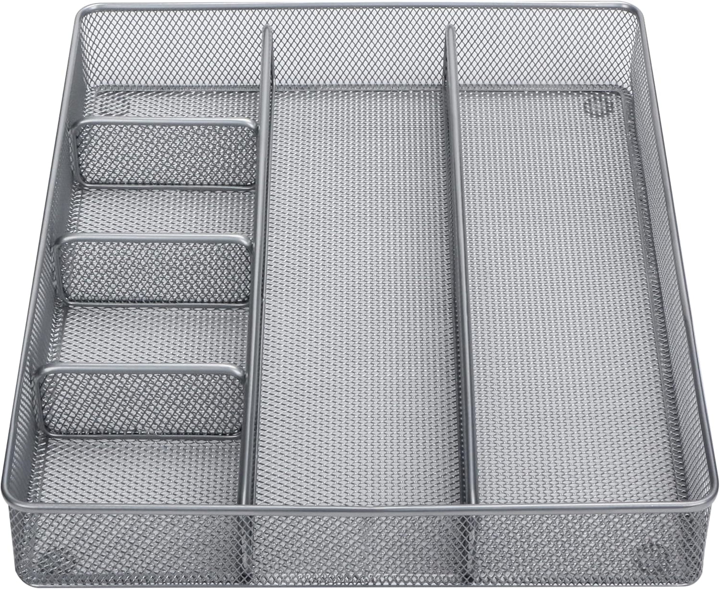 Annova Desk Top Organizer Tray for Office Organization - Metal Mesh - Storage Tray with Dividers for Pens, Desktop Accessories, Bathroom, Kitchen, Makeup and Office Supplies (Large, Silver)
