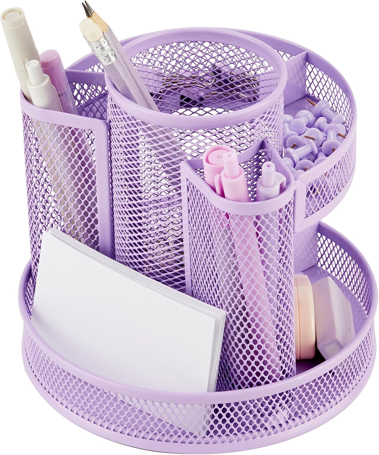 Annova Mesh Desk Organizer Rotate with 5 Compartments Round Spinning Tidy Candy/Pen Holder Desk Accessories Office, Art Supply, Storage, Classroom, Home (Light Purple)