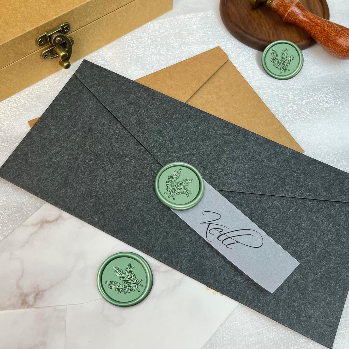 25Pcs Wax Seal Stickers Handmade Envelope Seals Self Adhesive Wax Stickers for Wedding Party Invitations, Envelope, Gift Wrap, Christmas(Rosemary Style, Olive Green)