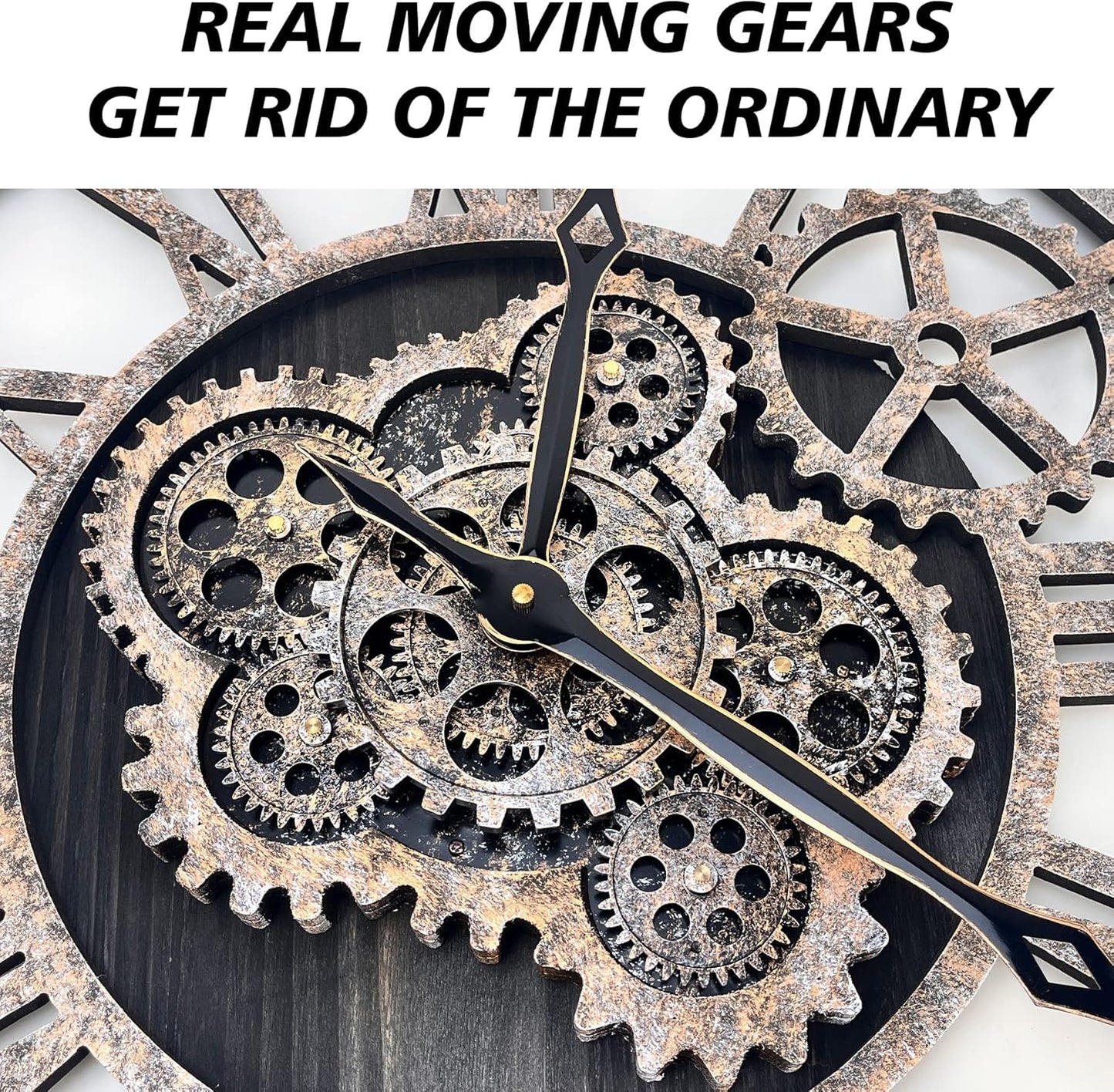 The B-Style Large Wall Clock 18 inch Moving Gear Wall Clock Oversized Vintage Farmhouse Wall Clocks for Living Room Decor Rustic Industrial Wood Clock (Black)