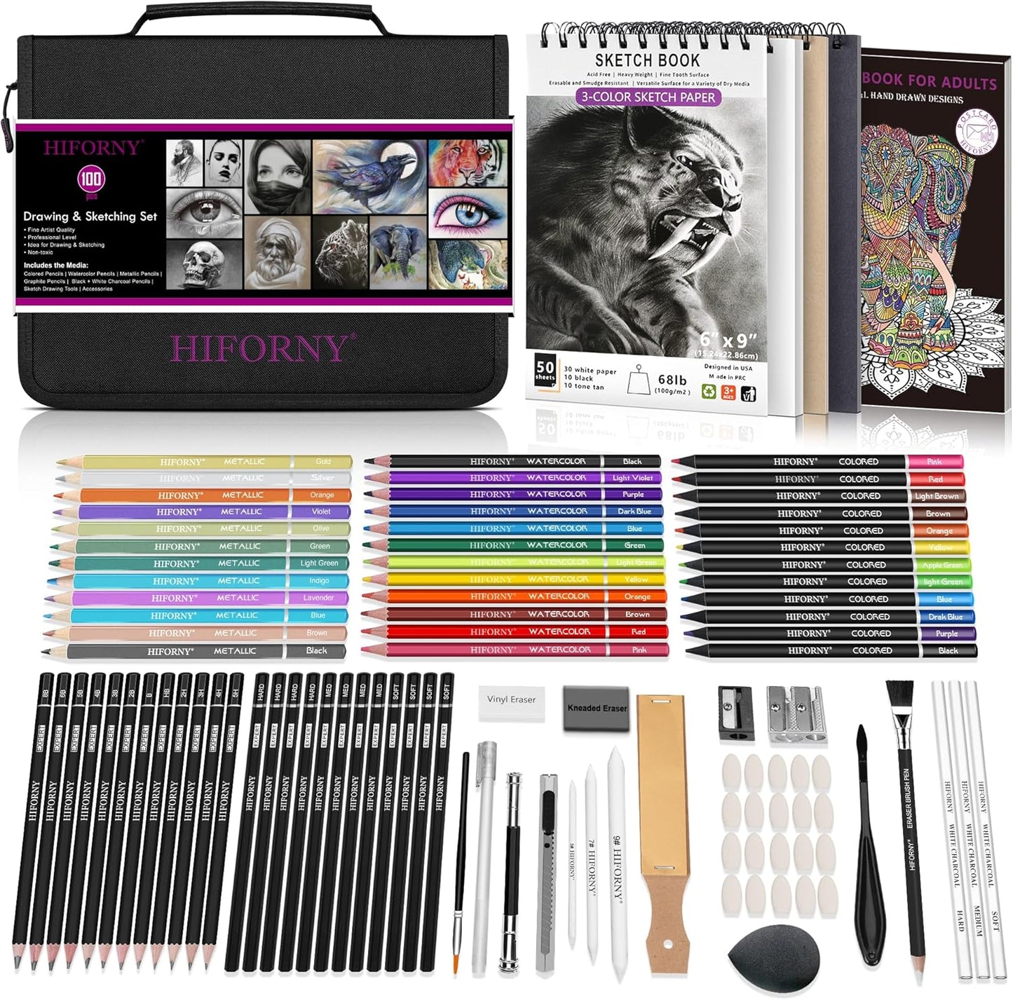 HIFORNY 100 PCS Drawing & Sketching Set, Professional Art Supplies with Graphite,Charcoal, Colored,Watercolor,Metallic Pencils,Blending Tools,Sketchbook and Coloring Book in Zipper Case (Black)