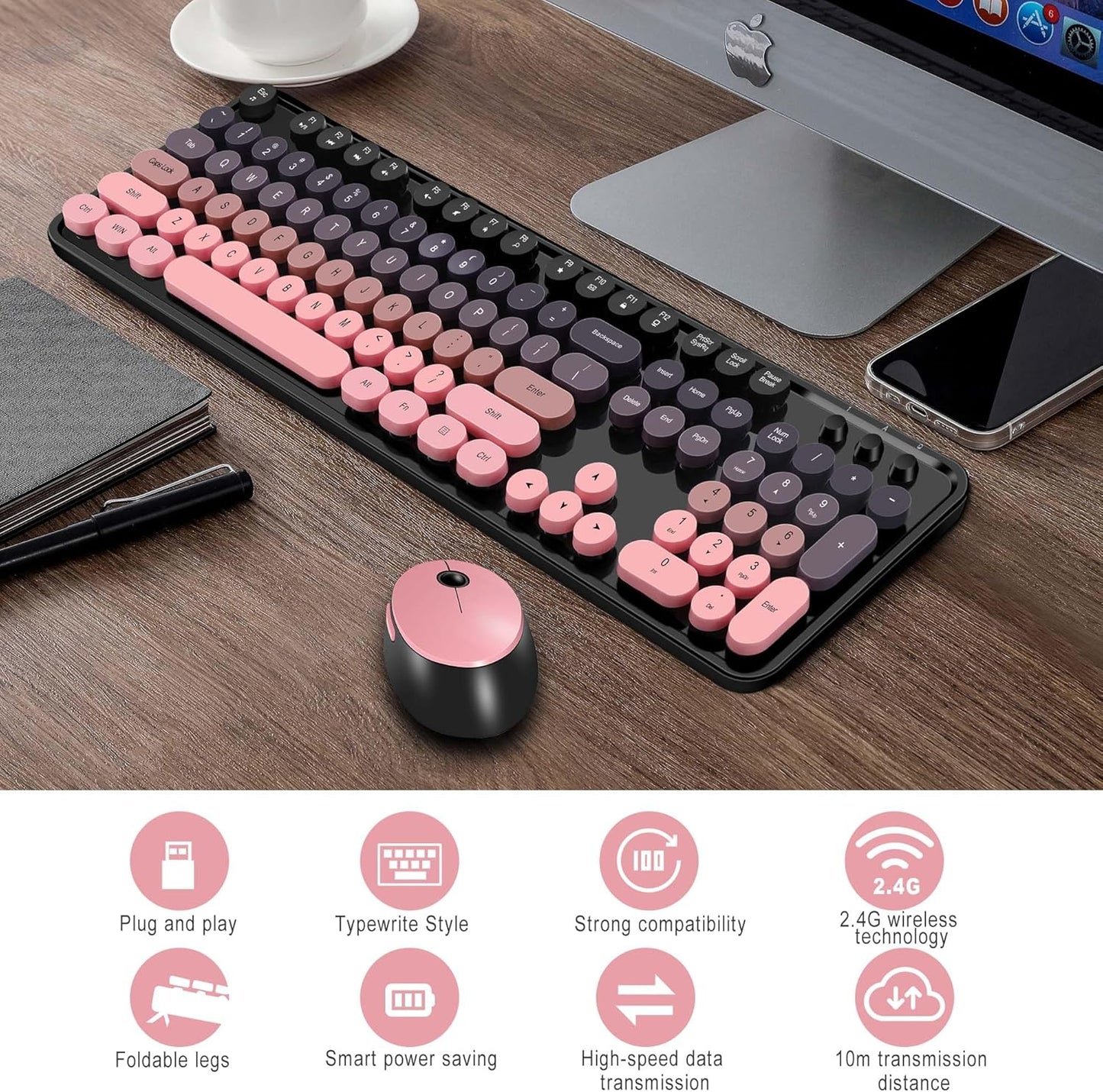 Wireless Keyboard and Mouse Combo, Cute Colorful 104 Keys Typewriter Retro Round Keycaps Keyboard for PC Laptop,Desktop,Windows, Home and Office Keyboards(Black Pink)