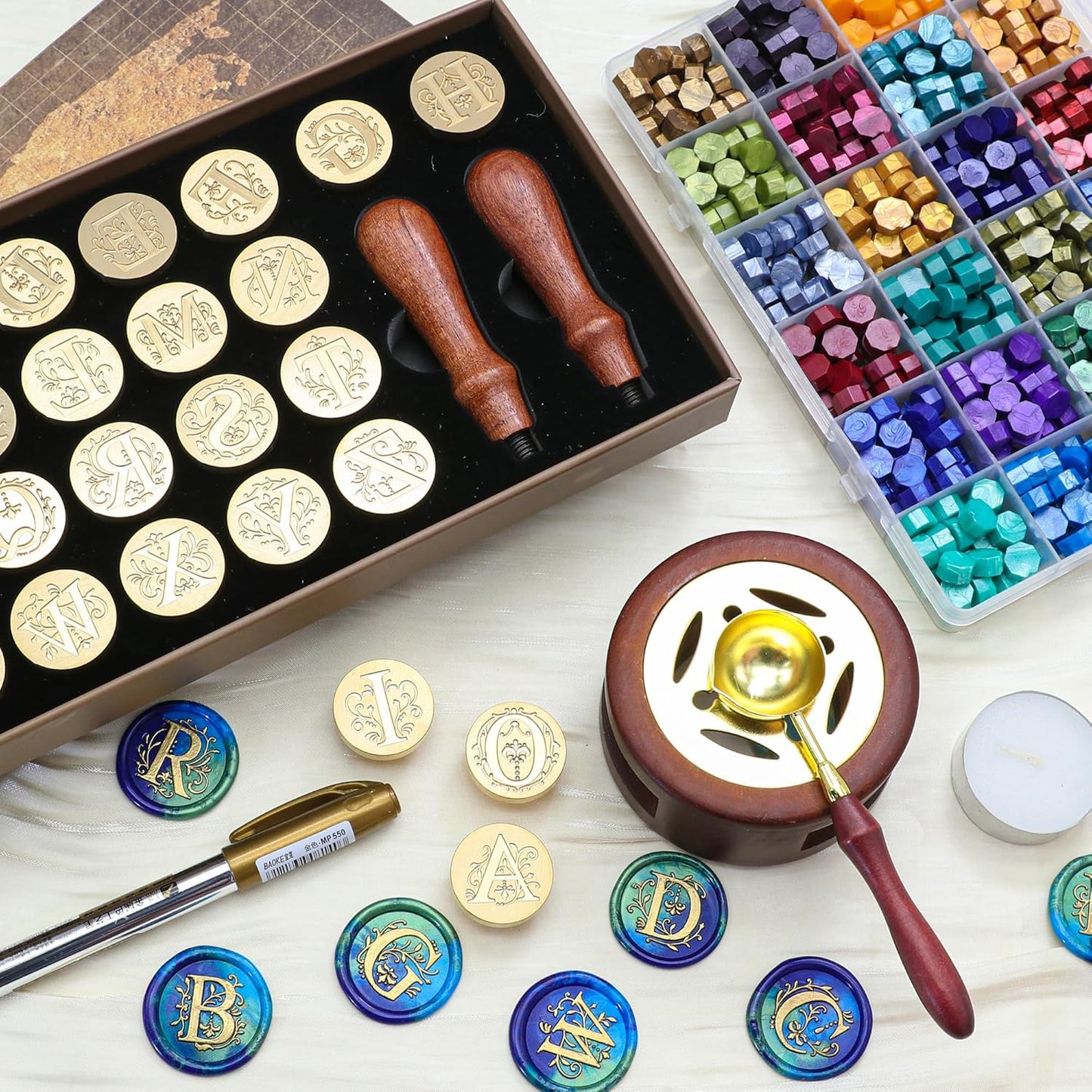SWANGSA Initial Alphabet A-Z Wax Seal Kit with 624pcs Sealing Wax Beads, Furnace and Pen for Wedding Invitations Cards & Envelope