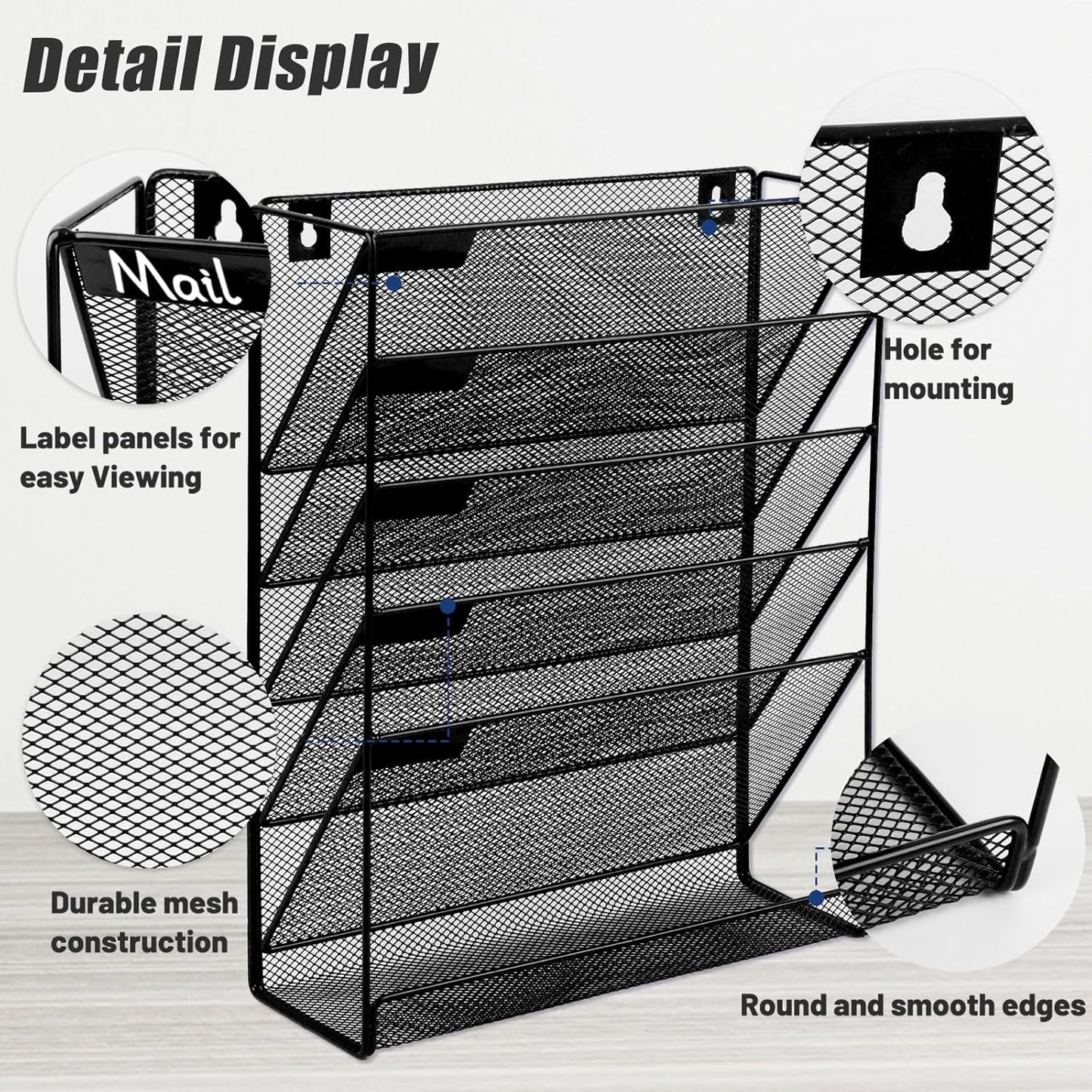 EASEPRES 6 Tier Mesh Hanging Wall File Organizer, Desk Mail Paper Document Folder Holder, Clipboard Storage Organization Magazine Rack with Bottom Tray and Nametag Label for Office Home School, Black