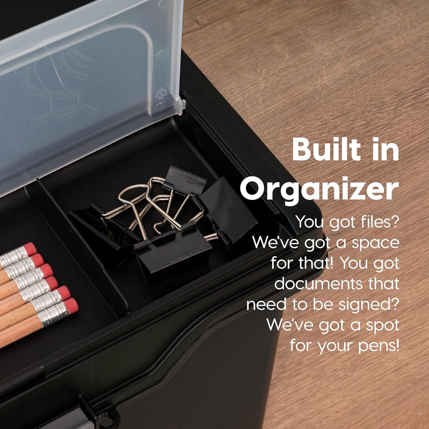 IRIS USA File Box with Lid File Organizer for Letter File w/ Organizer-Lid, Water Resistant Document Box, Plastic Mobile Filing Organizer, Secure Buckle, Portable Handle, Lockable, Black 4 Pack