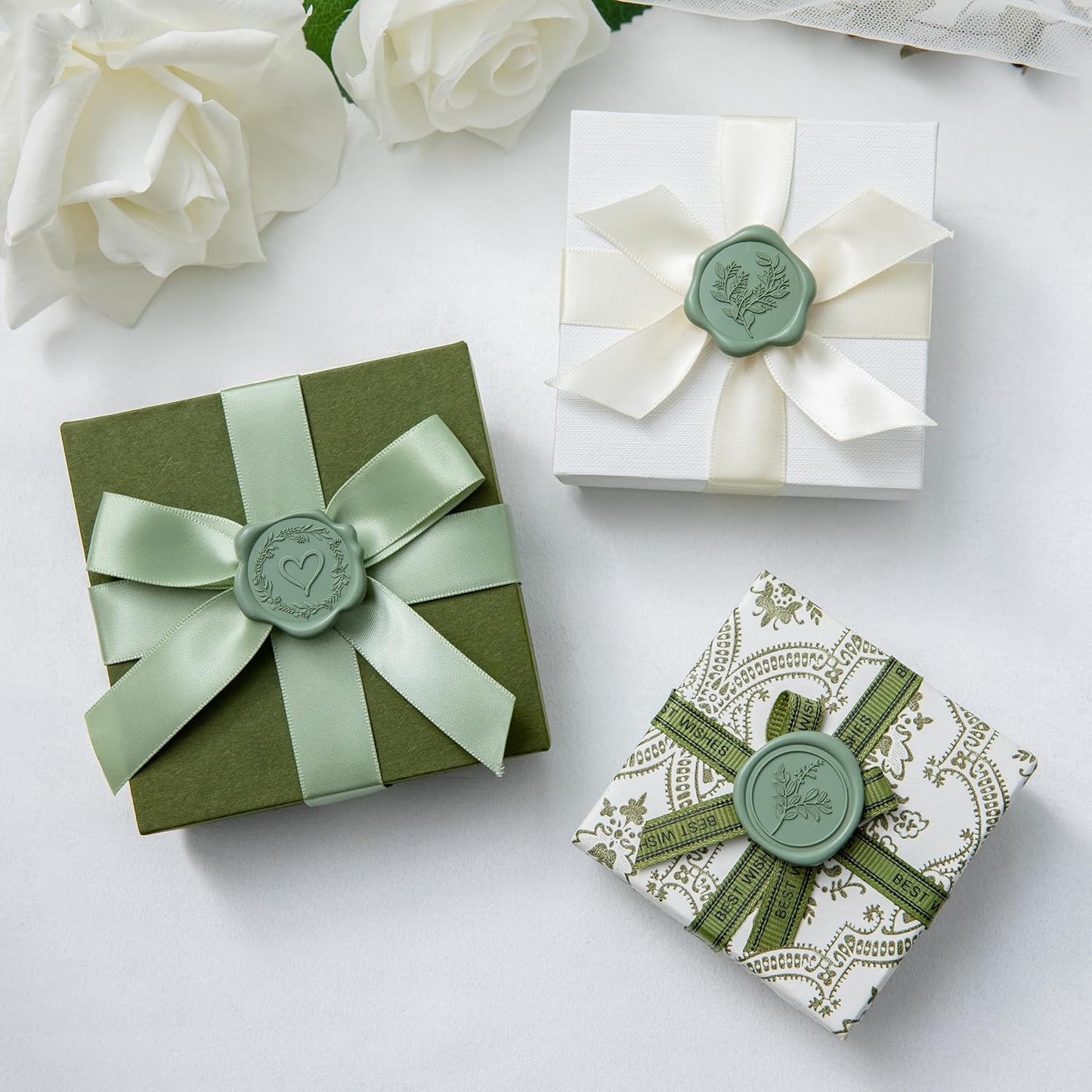 60 Pcs Dark Sage Green Wax Seal Stickers Self-Adhesive Envelope Seals Stamp Stickers, Perfect for Wedding Invitations Seating Chart Christmas Gift Wrapping 3 Designs in 1 Pack