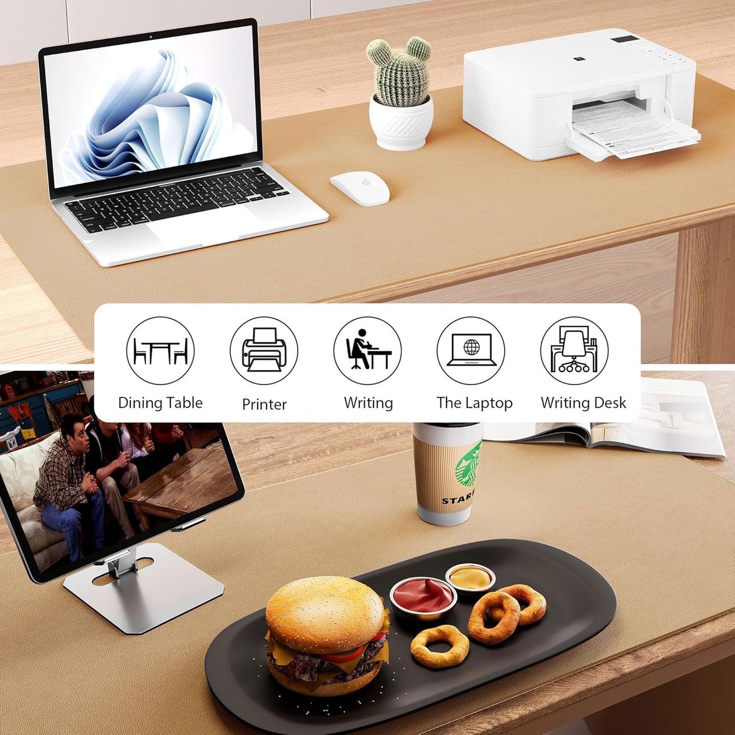 Aothia Dual-Sided Desk Mat - Leather & Cork Desk Protector, Large Mouse Pad & Writing Pad for Office/Home, Waterproof, Apricot (35.4" x 15.7")