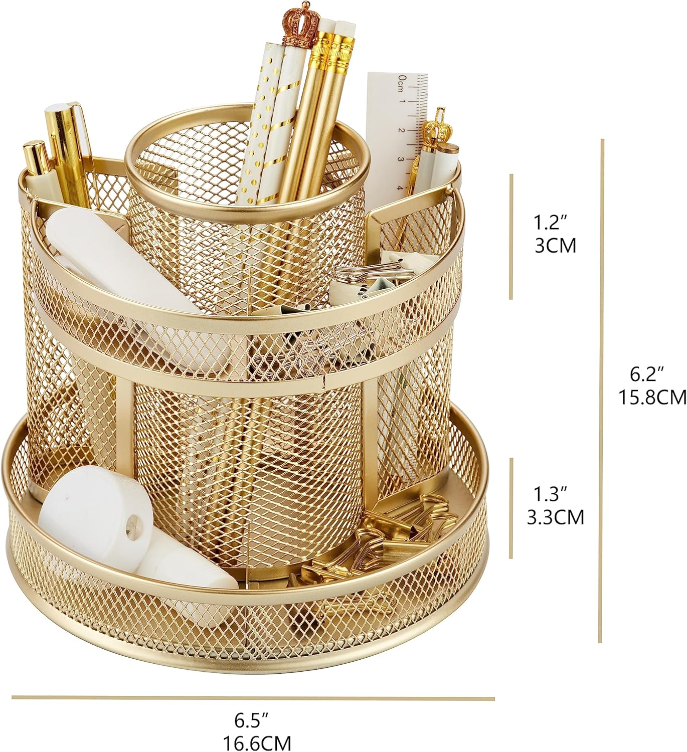 Annova Mesh Desk Organizer Rotate with 5 Compartments Round Spinning Tidy Candy/Pen Holder Desk Accessories Office, Art Supply, Storage, Classroom, Home (Gold)
