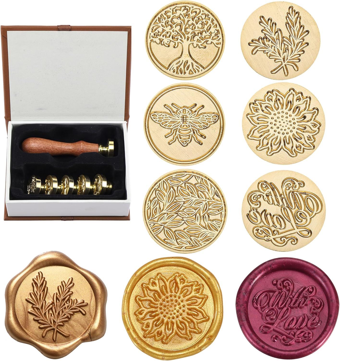 Yoption 6 Pcs Botanical Wax Seal Stamp Set, Vintage Flower Sealing Wax Stamps Kit, Wooden Handle with Brass Head for Wedding Christmas Invitation Gift Cards