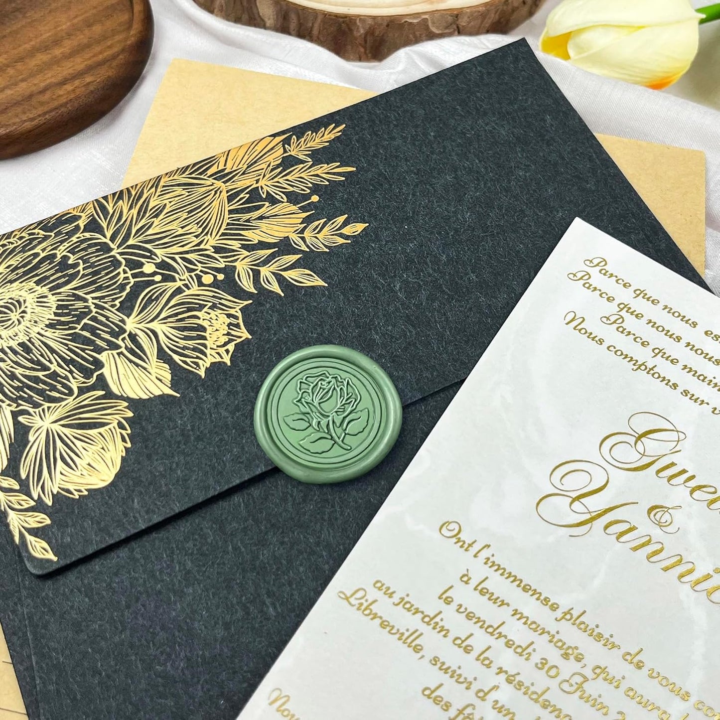25Pcs Wax Seal Stickers Handmade Envelope Seals Self Adhesive Wax Stickers for Wedding Party Invitations, Envelope, Gift Wrap, Christmas(Rose Style, Olive Green)