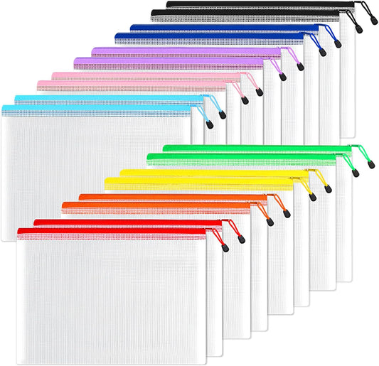 SUNEE Plastic Mesh Zipper Pouch 11x16 in (6 Colors, 18 Packs),Extra Large Water-Resistant Zip Bag for School Office Supplies, Puzzles & Games Organizing Storage