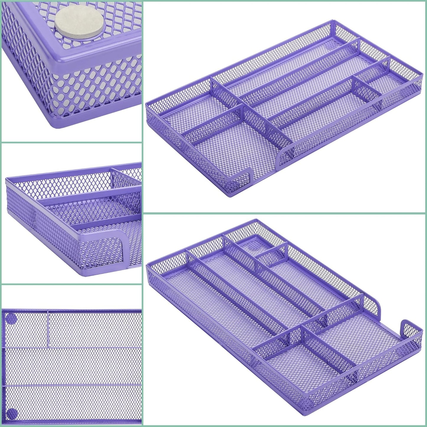 Annova Desk Drawer Organizer Tray for Office Organization - Metal Mesh - Storage Tray with Dividers for Pens, Desktop Accessories, Bathroom, Kitchen, Makeup and Office Supplies (Small, Purple)