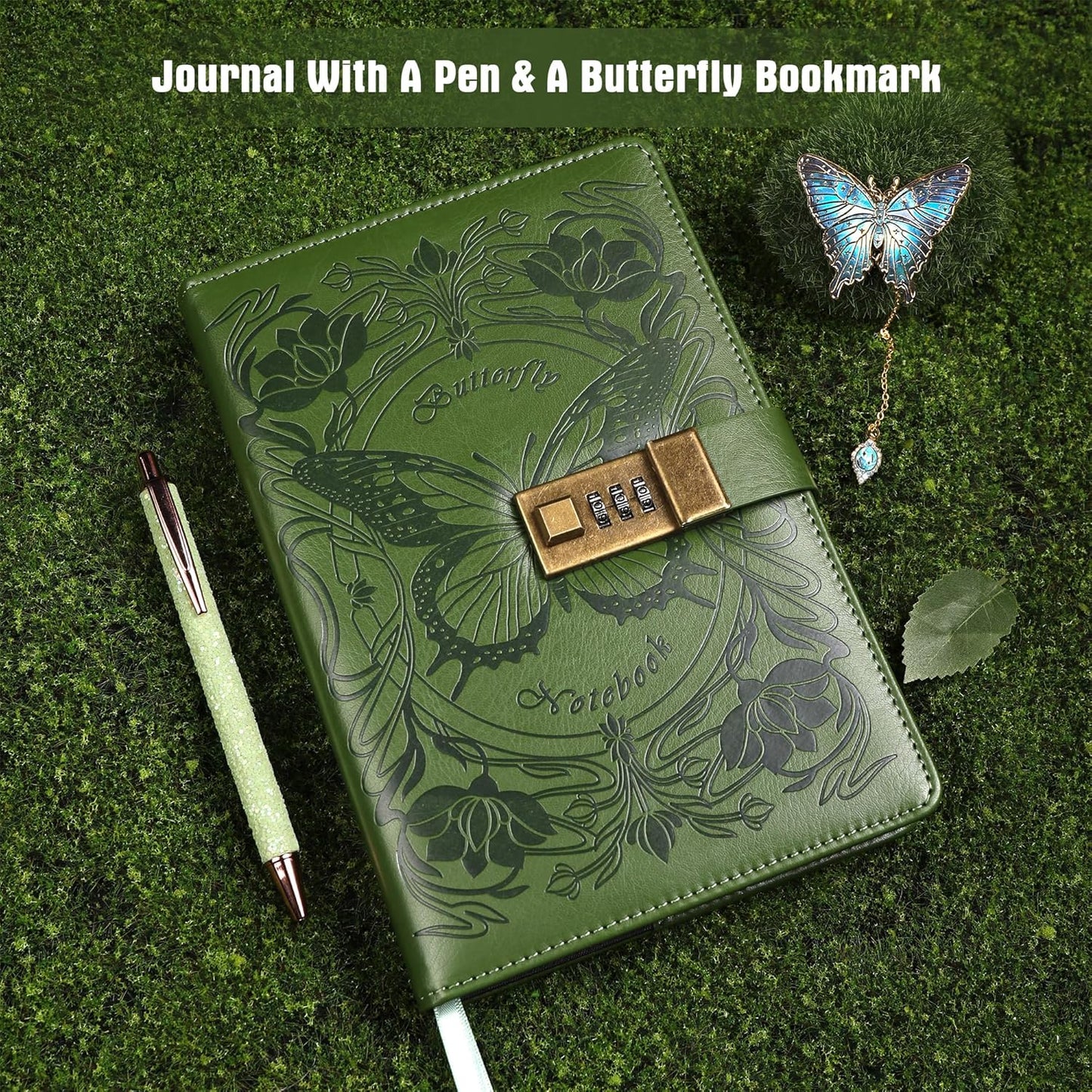 TIEFOSSI Diary with Lock for Women Girls, Lined Locked Journal, Butterfly Journal Notebook with Pen and Bookmark, A5 Refillable Locking Journals for Writing, 224 Numbered Pages