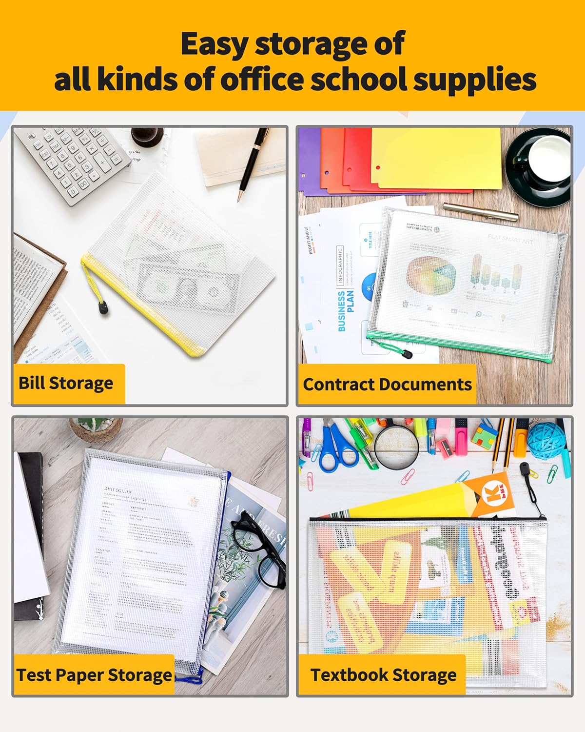 SUNEE Multisize Mesh Zipper Pouches (7 Colors, 21 Packs), Water-Resistant Zip Bag for School Office Supplies, Puzzles & Games Organizing Storage